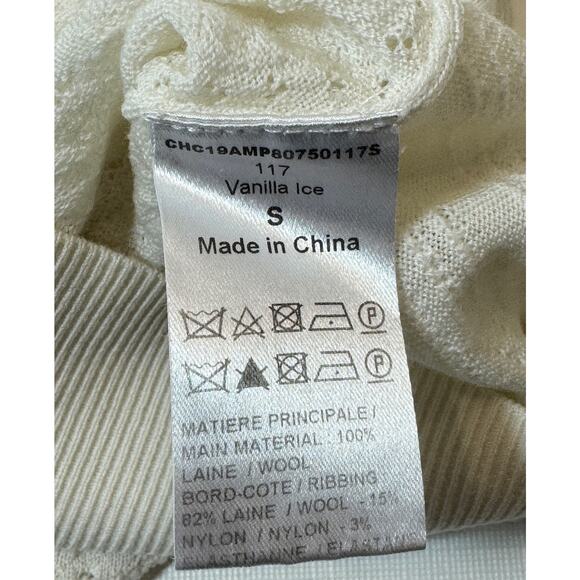 Chloe Knit Sweater Size S Vanilla Ice Ruffle Puff Sleeve MOP Buttons Mock Neck - Picture 15 of 16